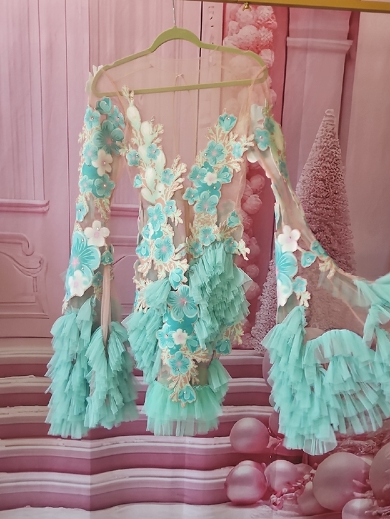 Mew Mews Dresses & Skirts - Aqua Floral Ruffle Dance Dress with 3D Appliqués